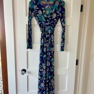 BCBGMaxAzria Teal and Black Patterned Long Sleeve Maxi Dress, Excellent Conditio